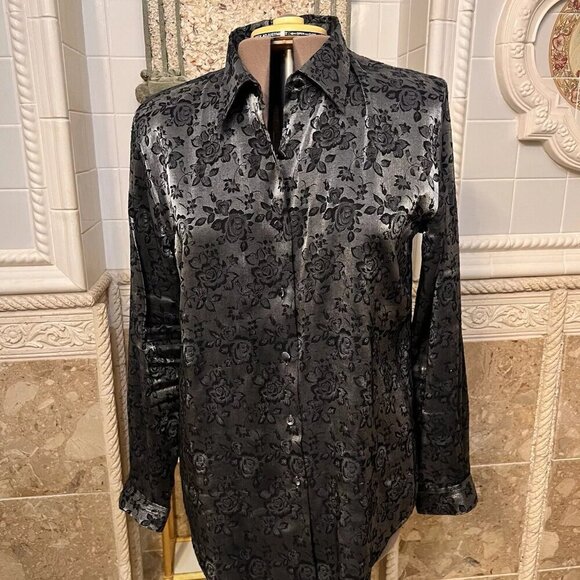 Studio Works. Sz XL. Rayon/Poly. Shiny Embossed Silver Long Sleeve Blouse B1 - Picture 1 of 3